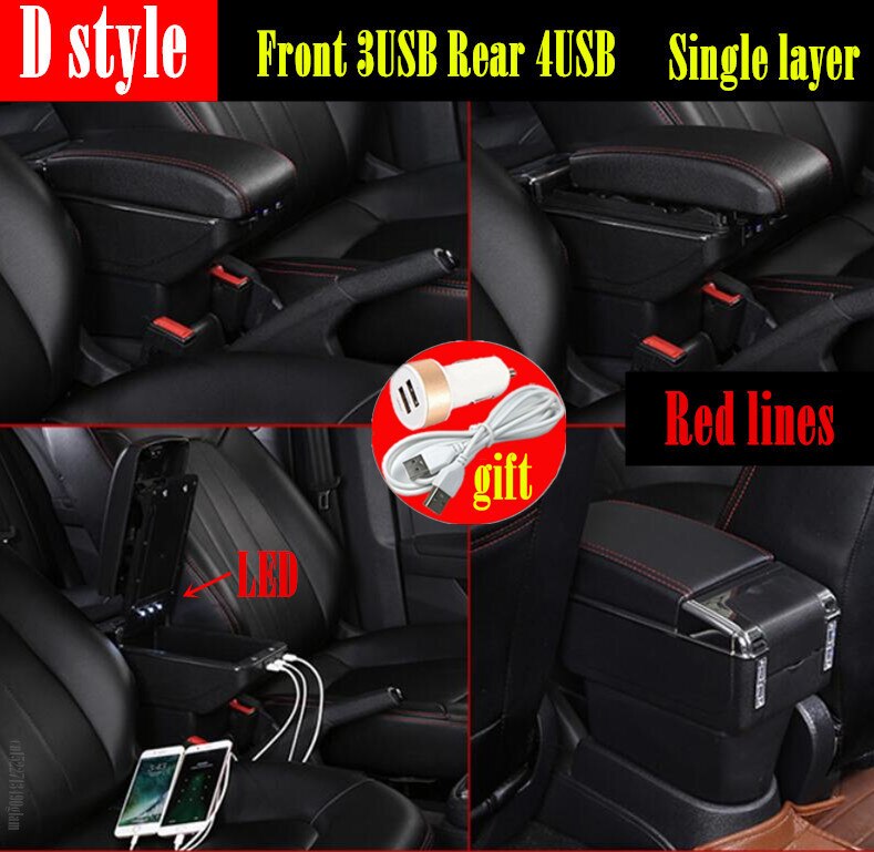 Draaibare Armsteun Doos Voor Renault Dacia Duster 2 Centrale Console Opbergdoos Bekerhouder Pu Lederen Usb: D style red line