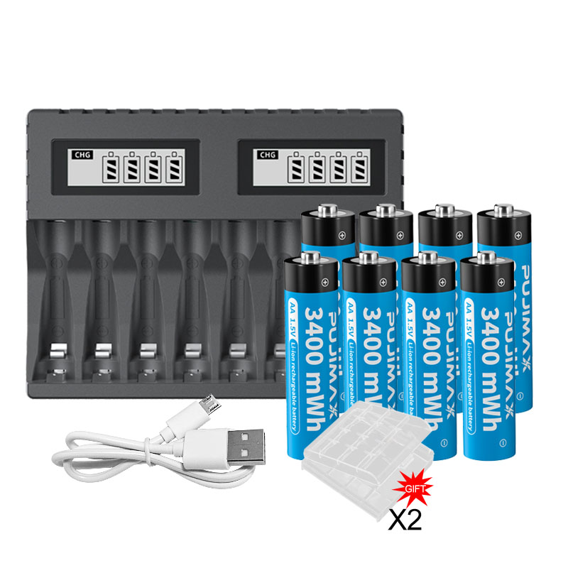 PUJIMAX 1.5V Rechargeable Lithium Battery 3400mWh Large Capacity Li-ion Battery With 8-slot 1.5V Li-ion Battery Charger: WHITE