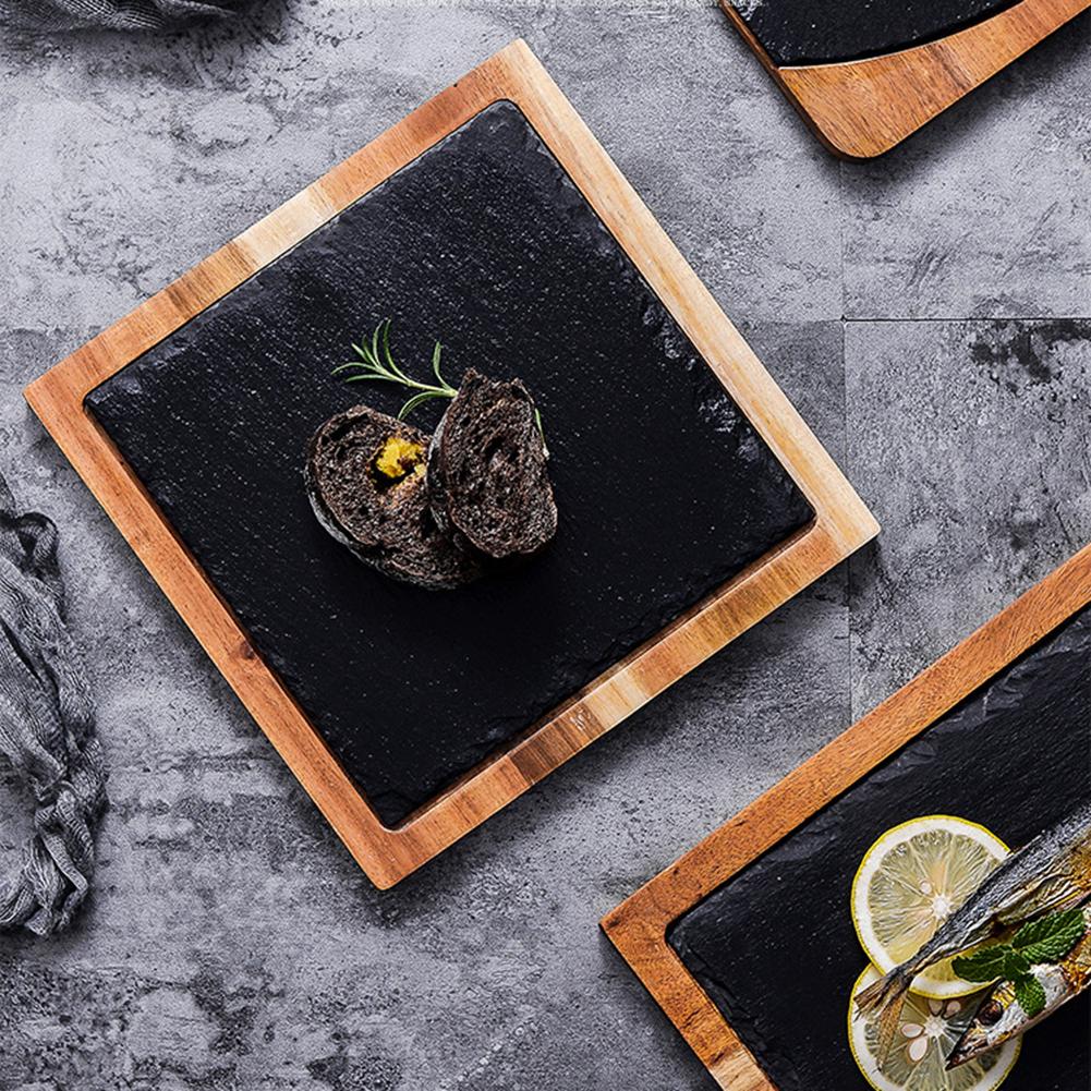 Solid Wood Snack Tray Wooden Tray Black SLATE Plate Acacia Wood Wrapped Plate Western Japanese Food Plate Kitchen Decoration