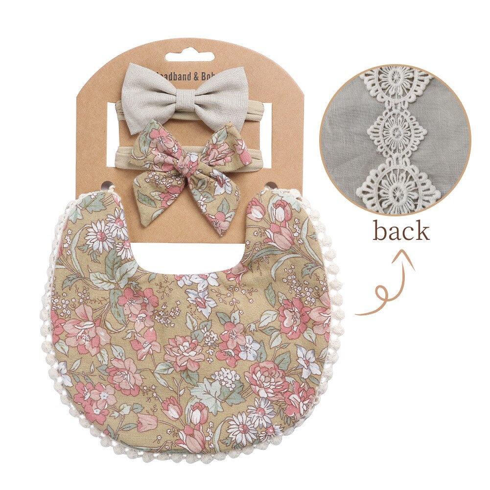 2Pcs/3Pcs Set Baby Speeksel Bib Hoofdband Set Sjaal Linnen Katoen Effen Kleur Afdrukken Kinderen Double Side gebruik Burp Doeken Kids: 8