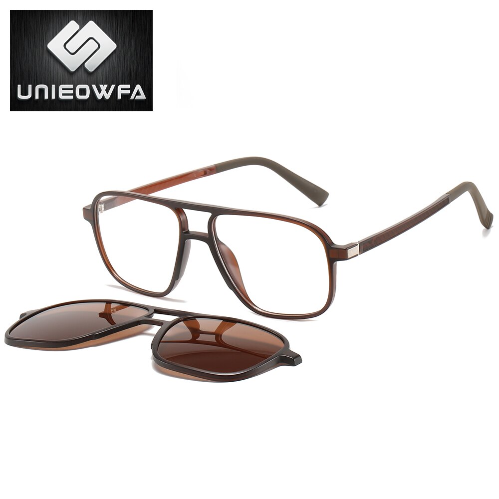 Optical Magnetic Clip on Glasses Frame Men Clear Prescription Myopia Eyeglasses Frame Polarized Magnet Clip Sunglasses Men Brand: 1910 Brown 1 in1