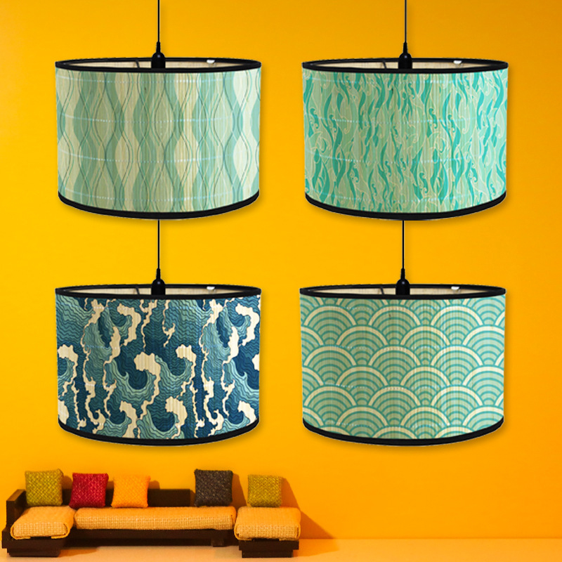 Pantalla de lámpara de pintura de paisaje de estilo japonés, cubierta de luz trenzada de bambú, pantallas de lámpara de pared de araña, pantalla de luz de Arte de Bambú