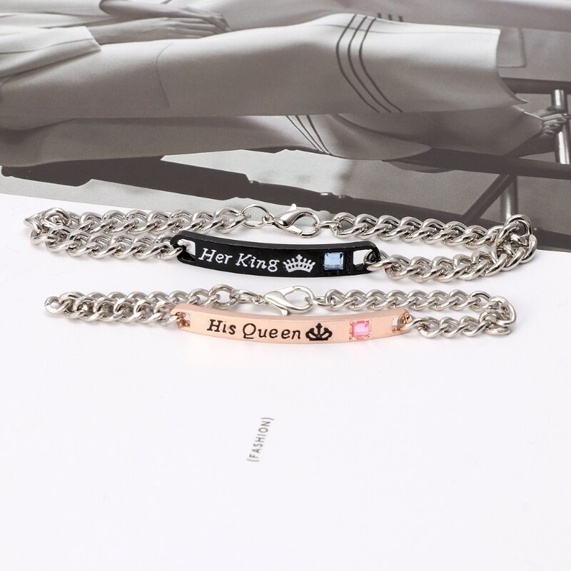 2Pcs Jewely His Queen Her King Black Rose Gold Color Women's Male Chain Crystal Couple Bracelet