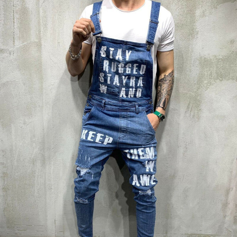 Menn ripped jeans jumpsuits hi street distressed denim bib overalls mann suspender denim bukser herre lekedress