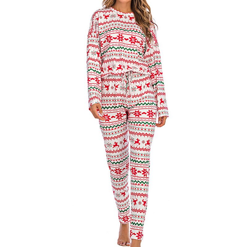 Oeak Kerst Pyjama Twee Stukken Sets Vrouwen Herfst Winter Brief Boom Print Lange Mouwen Tops + Lange Potlood Broek Nachtkleding suits: white / Asian Size S