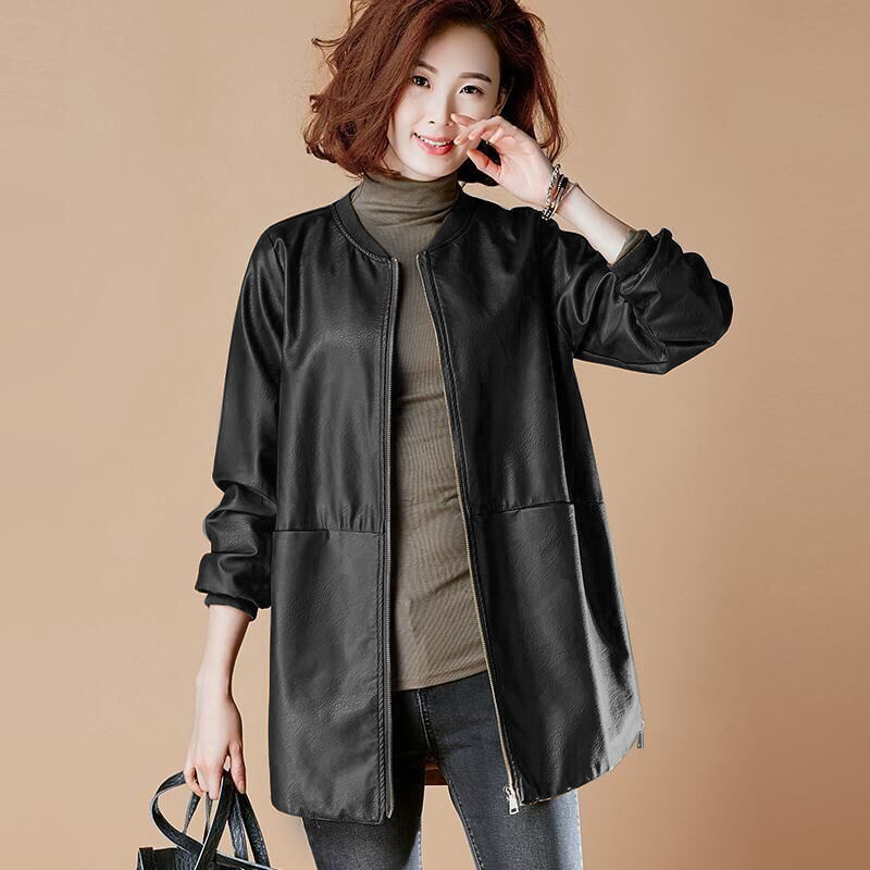 Spring m -5xl plus size imiteret kvinder læderjakke efterårsjakker frakke blød pu læderjakker kvindelig lynlås outwear: Sort / 5xl