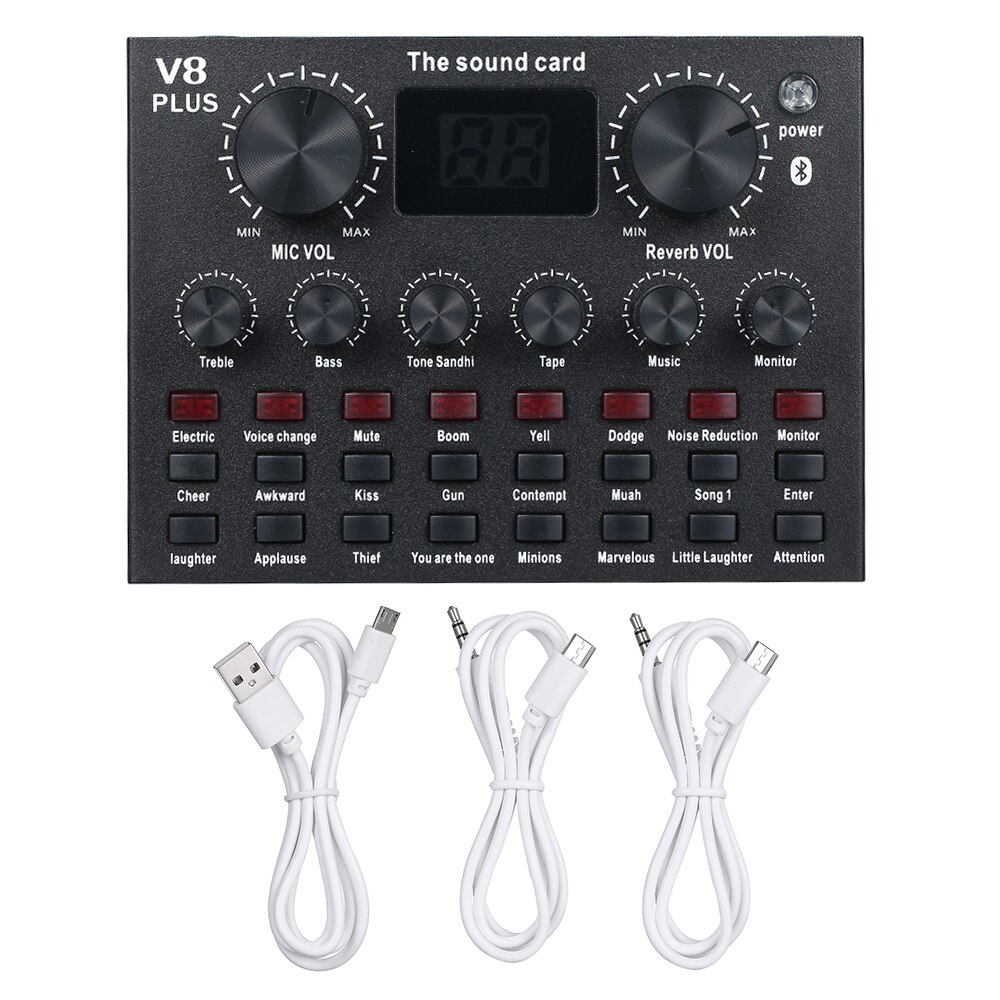 V8 Plus Live Sound Card with Audio Cable USB Cable BT Accompaniment Sound Effects Universal for Phone Computer