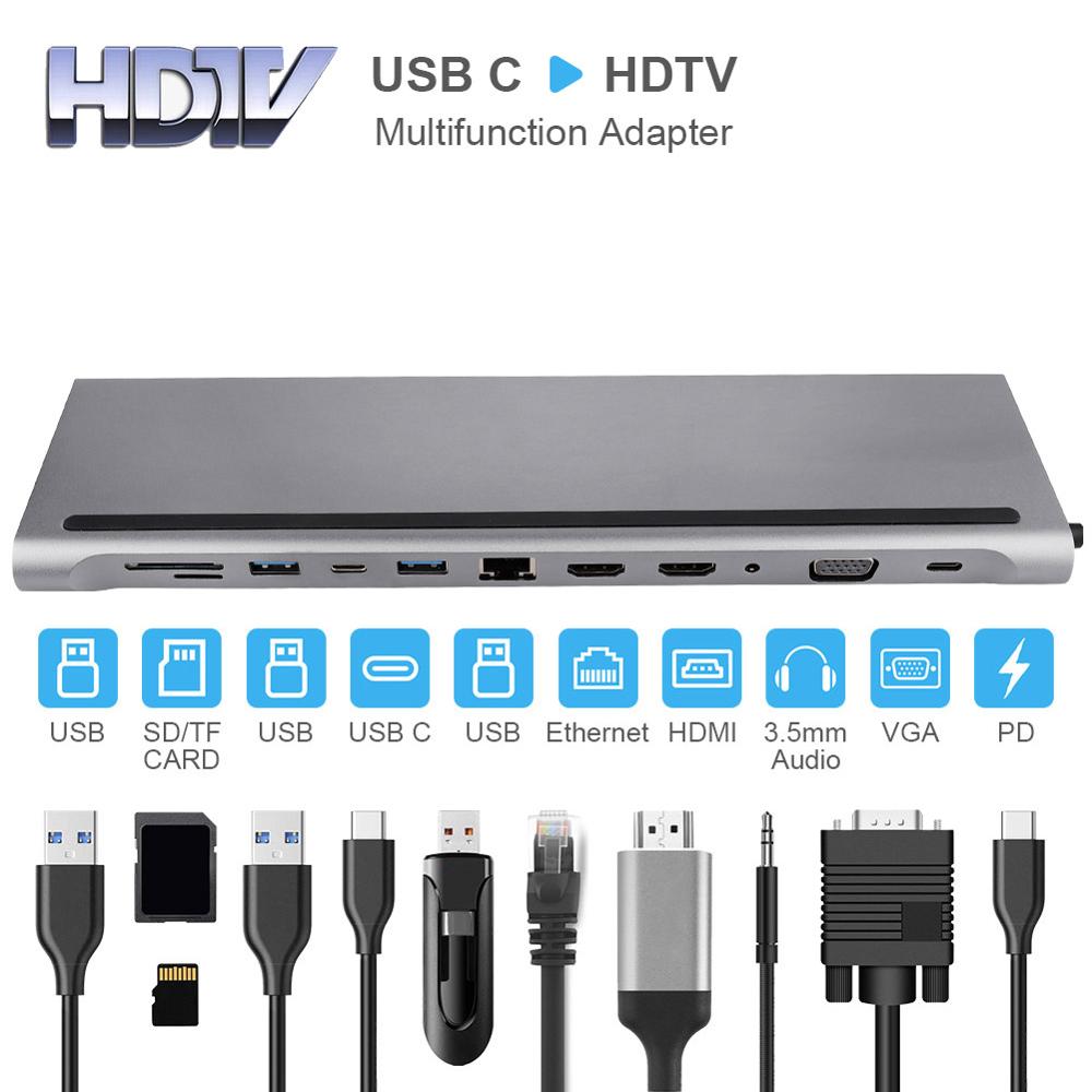 Keskitinsovitin usb c hub type -c 3.0 usb-c to hdmi 4k sd/tf kortinlukija pd lataus gigabit ethernet-sovitin macbook pro hubille: 12 in 1