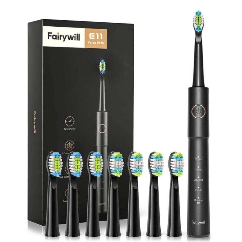Fairywill-cepillo de dientes eléctrico sónico E11, resistente al agua, carga USB, recargable, 8 cabezales de repuesto para adultos: Negro