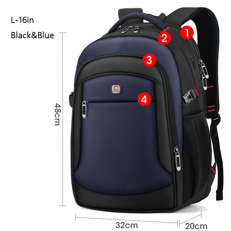 Mochila de negocios de 16 pulgadas para hombre, bolsa para ordenador portátil multifuncional, sencilla e informal, resistente al agua, mochila para estudiante de 4 capas: L-16in Black-Blue