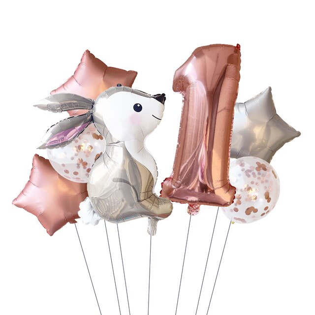 Globos de con temática de cuento de hadas para niñas, decoración con de conejo, rosa, estrella plateada, 32 pulgadas, 6 piezas: 1