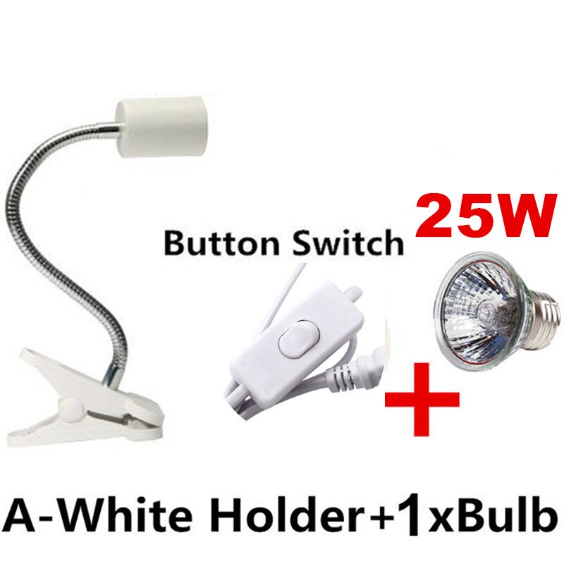 Aquarium Reptile Basking Lamp Holder for Turtle Lizard Habitat Ceramic UVB/UVA Heat Bulb Lamp Clip Holder E27 Base: WhiteButton-25W Bulb