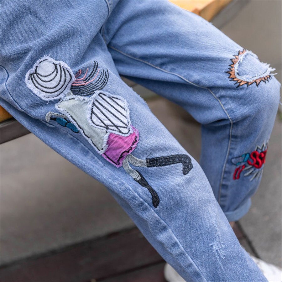 Filles jean pantalon enfants mignon dessin animé fleurs modèle denim jean printemps enfants décontracté bébé pantalons