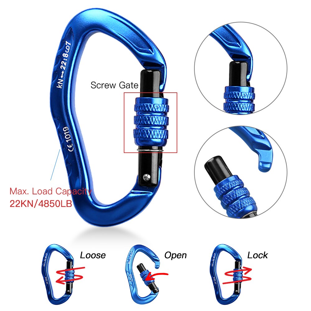 22KN D-Shaped Carabiner Lock Heavy Duty Aluminum Alloy Carabiner Spring-Loaded Gate Buckle Survival Equipment Lock Buckle
