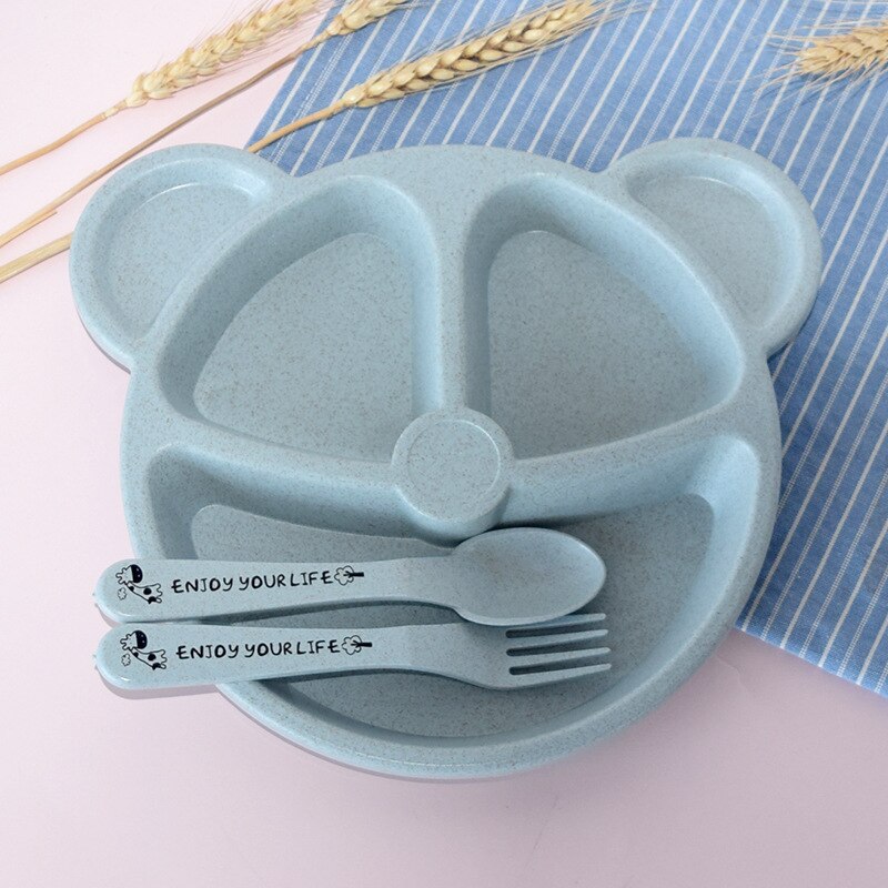 3Pcs/Set Baby bowl+spoon+fork Feeding Food Tableware Cartoon Bear Kids Dishes Eating Dinnerware Anti Training Dinner Plate: Blue Set