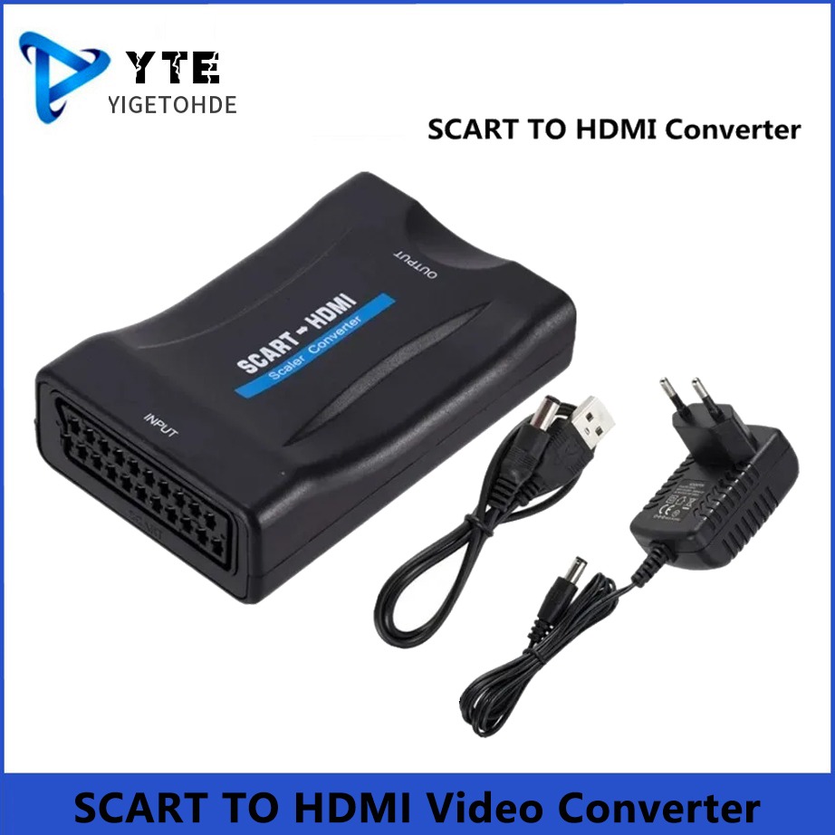 YIGETOHDE 1080P SCART naar HDMI-compatibele Video Audio Upscale Converter Adapter voor HD TV DVD Sky Box STB Plug en Play DC-kabel