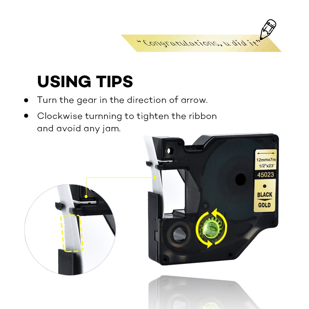 45023 Compatible Dymo D1 Black on Gold 12mm Label Tape Label Ribbons Printer Ribbon for Dymo Label Manager 160 280 210