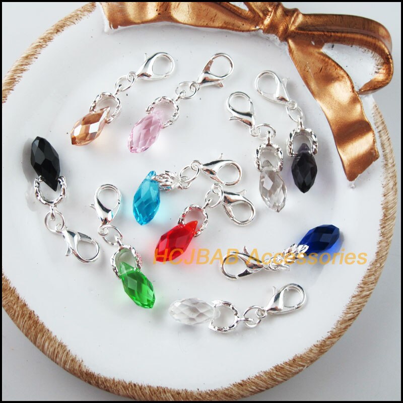 10 Teardrop With Clasps Charms Silver Plated Crystal Beads Mixed