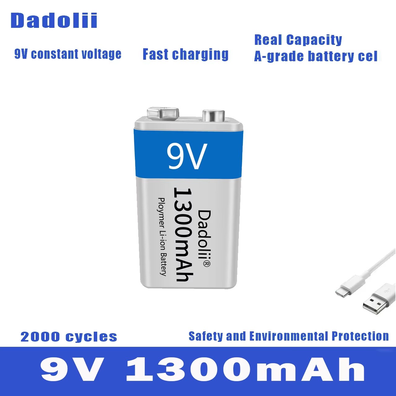 Wiederaufladbare 9V Li-Ion Batterie - 1300mAh - Micro USB - Ladegerät Set - Kompatibel mit Multimeter, Mikrofon, Spielzeug: Lila