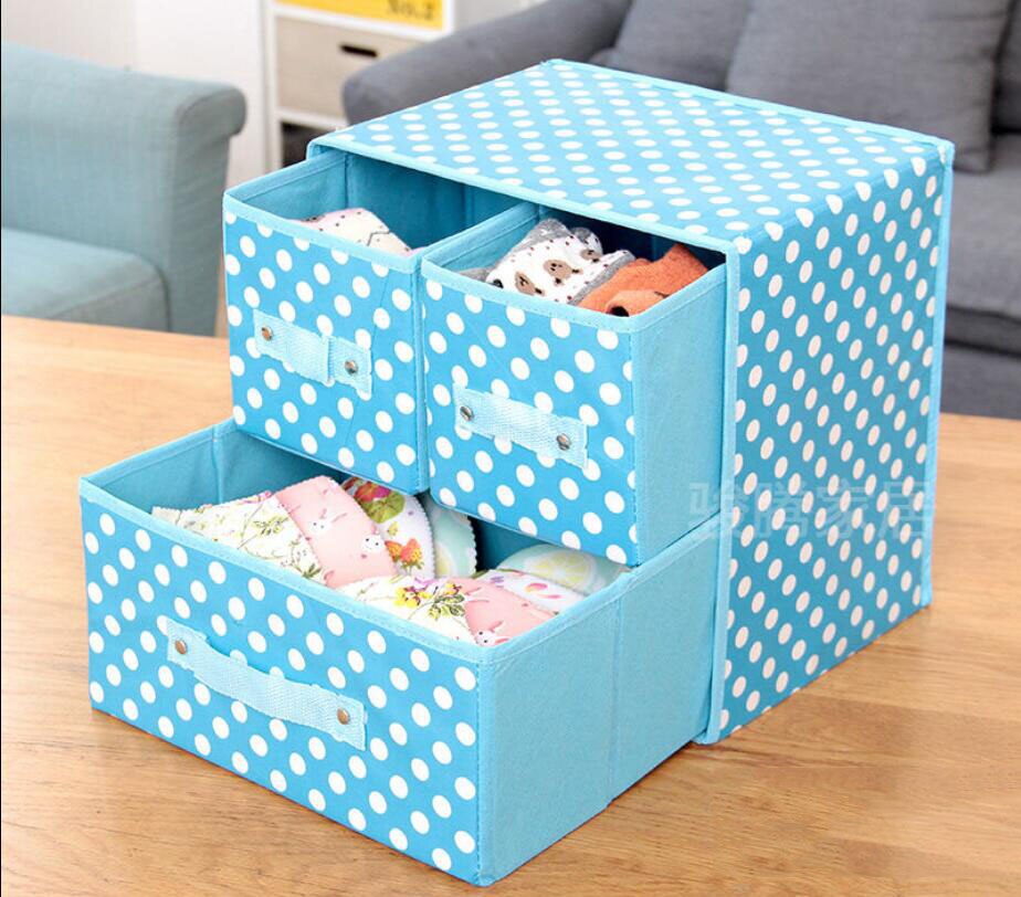 Mooie Opberglade Voor Kleding 2 Lagen Opbergdoos Ondergoed Kleding Organizer Stofdicht Opbergdozen Closet Organizer: Blue dots A