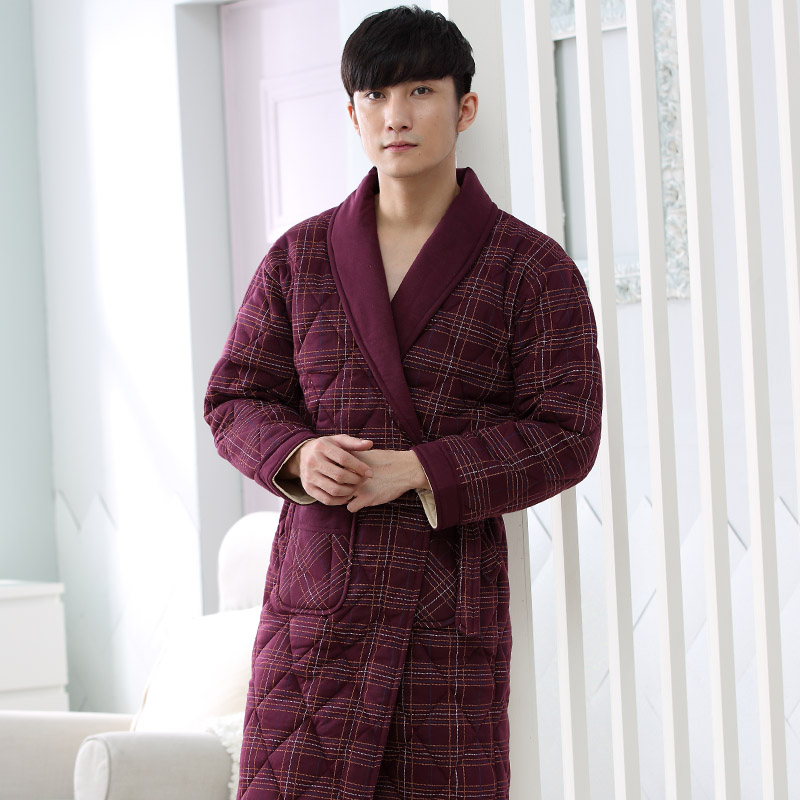 Winter Autumn Plaid 3 Layers Thick Cotton Quilted Men&#39;s Bath Robes Gentlemen&#39;s Homewear Big Yards L-3XL Male Sleepwear Lounges