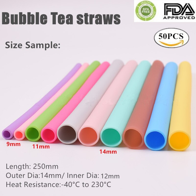 Extra Wide 14mm Silicone Bubble Tea Straw Reusable Boba tea Straws 50pcs Smotthie drinking Flexible Straws Party Bar Accessories: boba 250x14mm