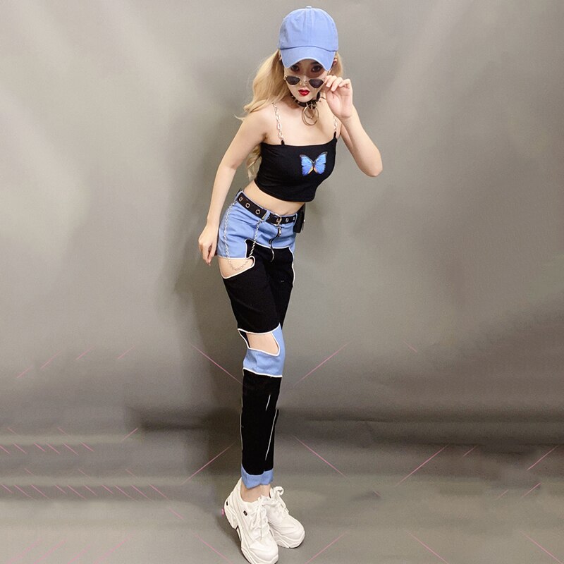 Hip Hop Street Dance Performance Costume Female Jazz Dancing Practice Clothing Stitching Blue Trousers Nightclub Suit DNV13082