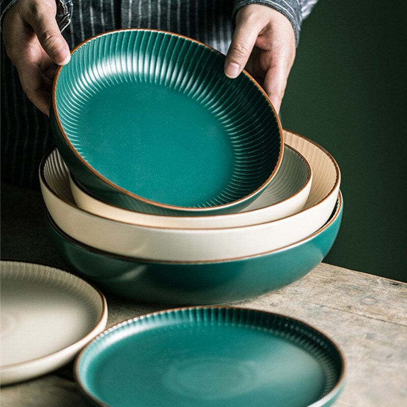 Green And Beige Matte Ceramic Steak Food Plate Nordic Style Tableware Bowl Ins Dinner Dish High End Porcelain Dinnerware