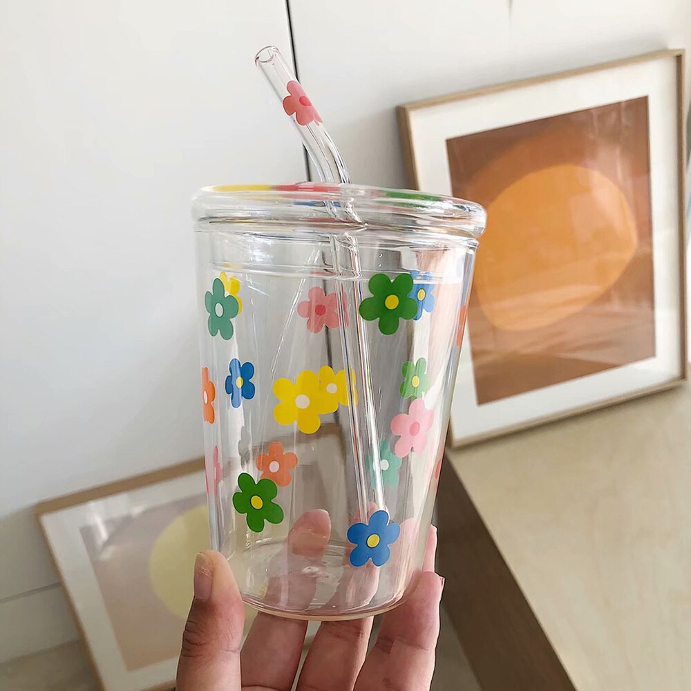 1pc Straw Cups Flower Patter Water Cup Glass Cups Beverage Cup Drinking Cup