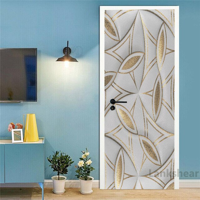 Abstract Leaf Line 3D Door Stickers Pvc Waterproof Wallpaper Self Adhesive Hd Print Mural Poster Wall Art Room Decor Home: 77x200cm