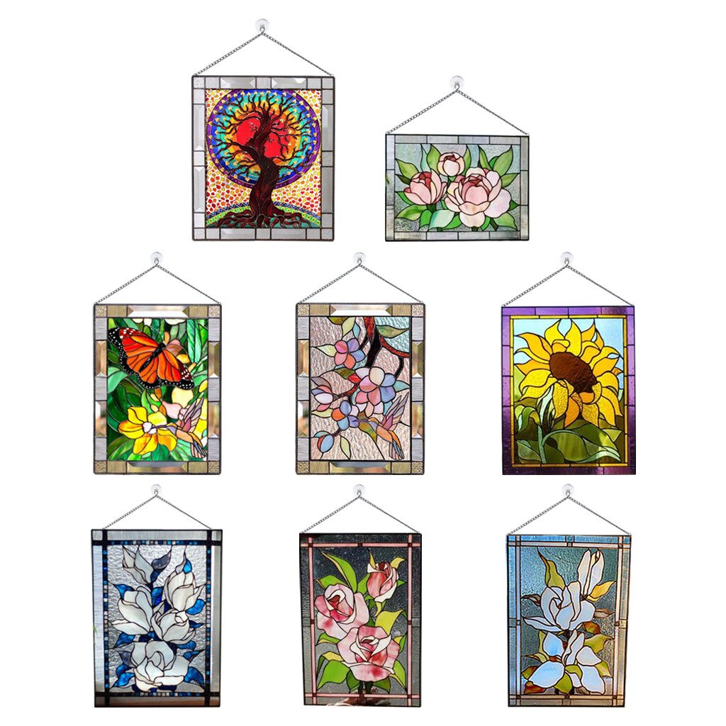Stained Glass Window ings, Stained Glass Window Panel, Gorgeous Flowers with Chain - Art Style