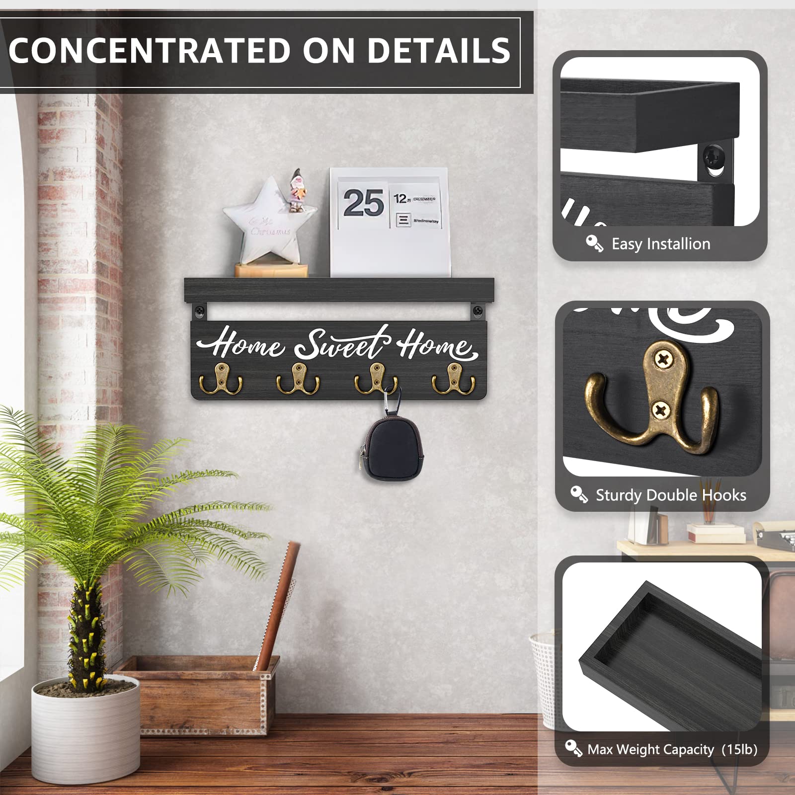 Wooden Key Holder for Wall with Shelf Home Entryway Decorative Key Hanger for Wall with 4 Double Key Hooks and Mail Organizer