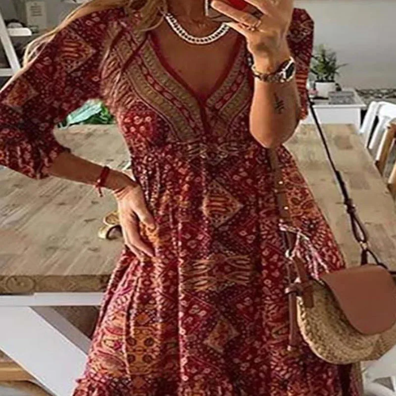 Robe longue à manches 3/4 pour femme, style bohème européen et américain, taille haute, col en V, imprimé fleuri fragmenté,