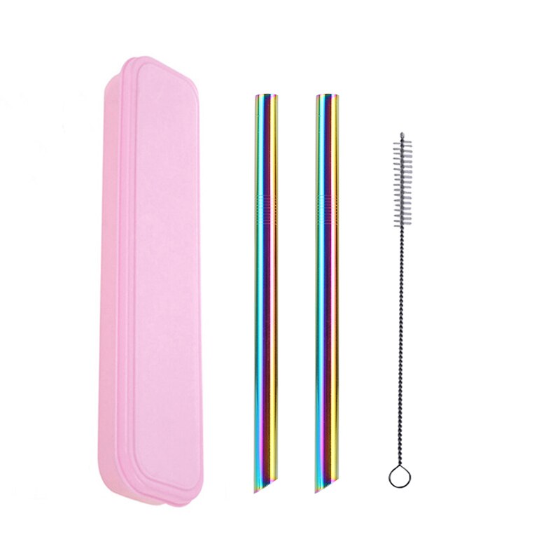 2Pcs Metall Wies Ende Stroh + 1Pc Pinsel Regenbogen Trinkhalme Wiederverwendbare Strohhalme 12mm * 215MM mit Tragbaren Box Oder Tasche: Pink Box Rainbow