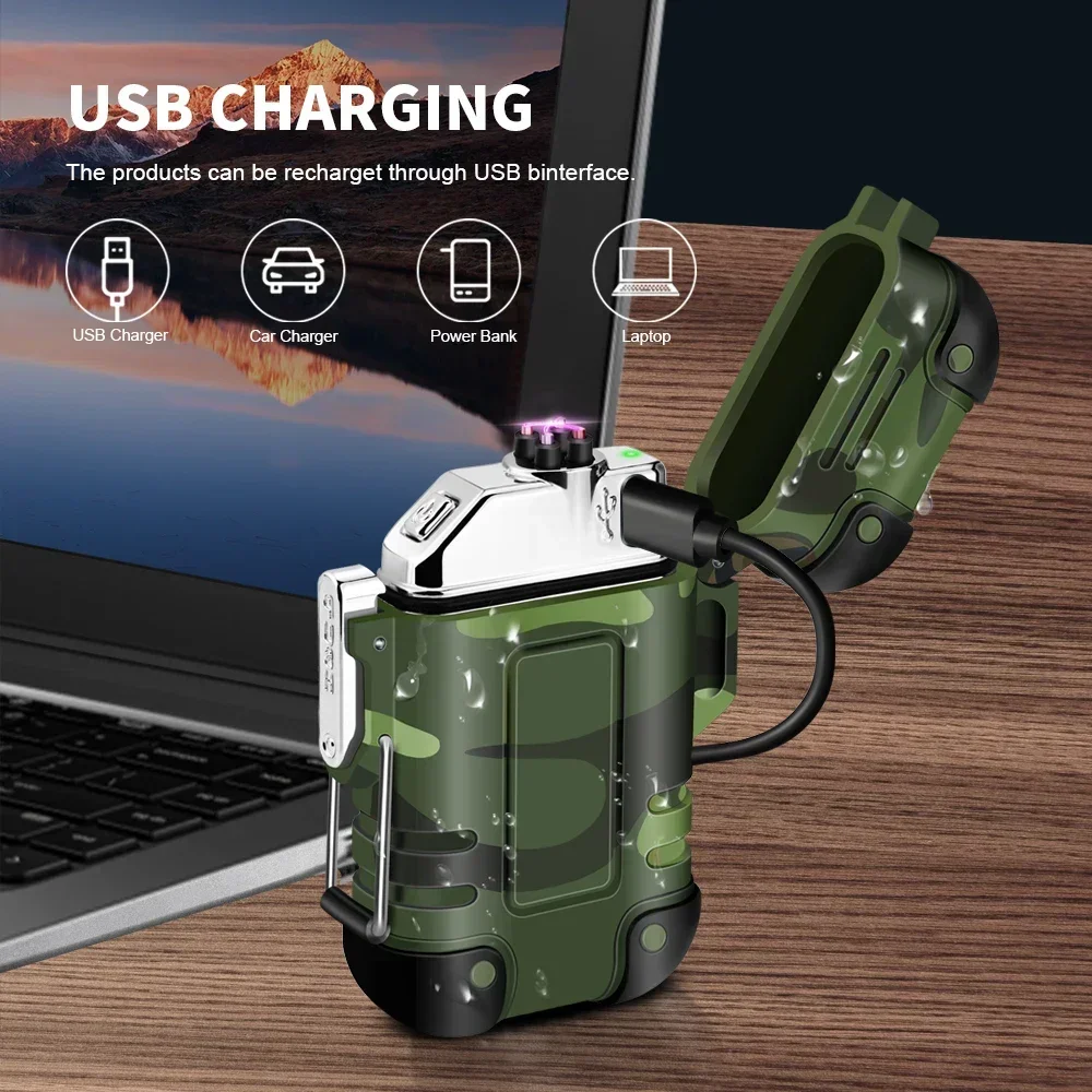 Wasserdicht USB Ladung Elektrische Feuerzeug Dual Bogen Feuerzeug Flammenlose Plasma Feuerzeug draussen Wandern Camping Rauchen Zubehör