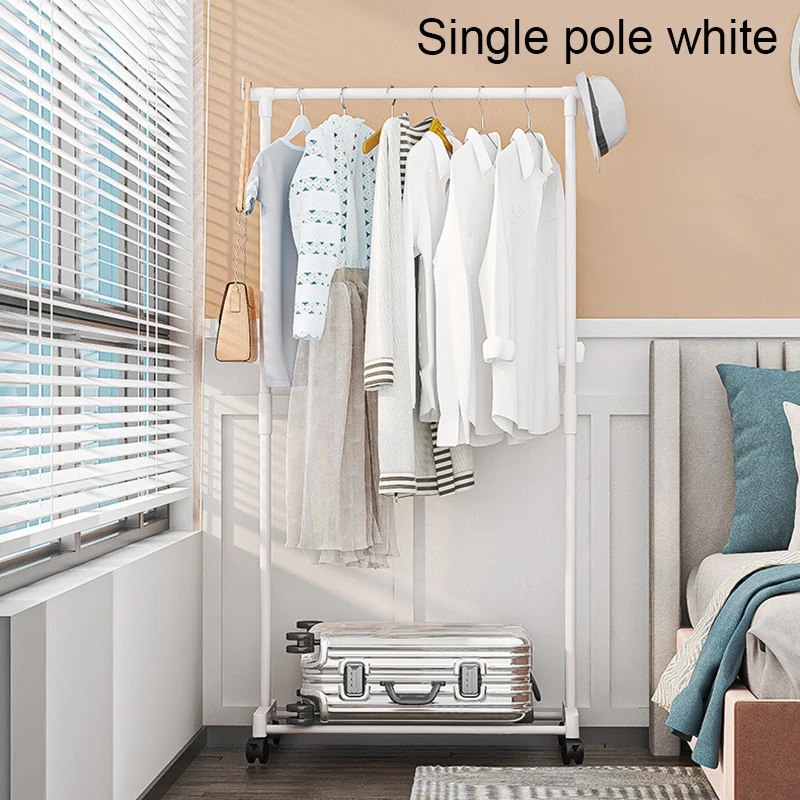 Porte-vêtements Double tige multifonctionnel Portable cintre chambre étagère avec roue étagère rangement porte-vêtements sol mobile manteau: WHITE