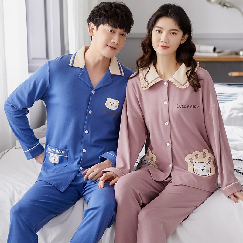 Autumn Winter Couple Pajamas Simple Gray Cotton Splicing Round Neck Long Sleeve Woman Sleepwear Loose Comfort Home Clothes Men's