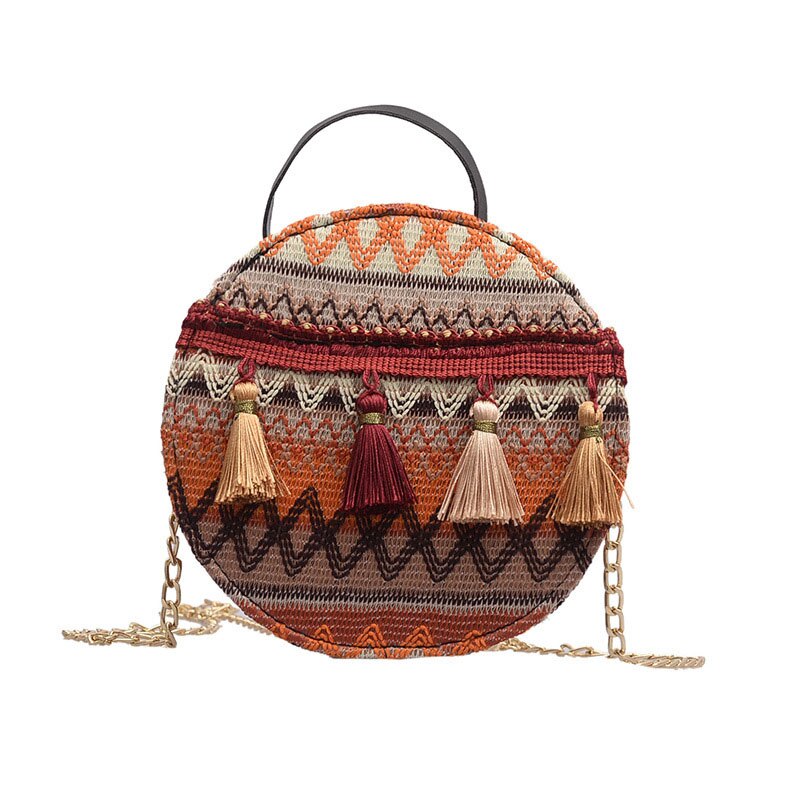 HUNI Women Bag National Wind Small Bags Female Tassel Portable Round Bag Woven Shoulder Bags: Orange