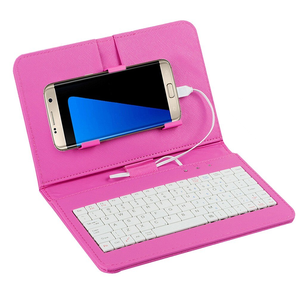 Funda de cuero PU portátil para tableta, cubierta para teclado con cable USB, funda abatible para teléfono móvil OTG Android de 4,8-6 pulgadas: Pink