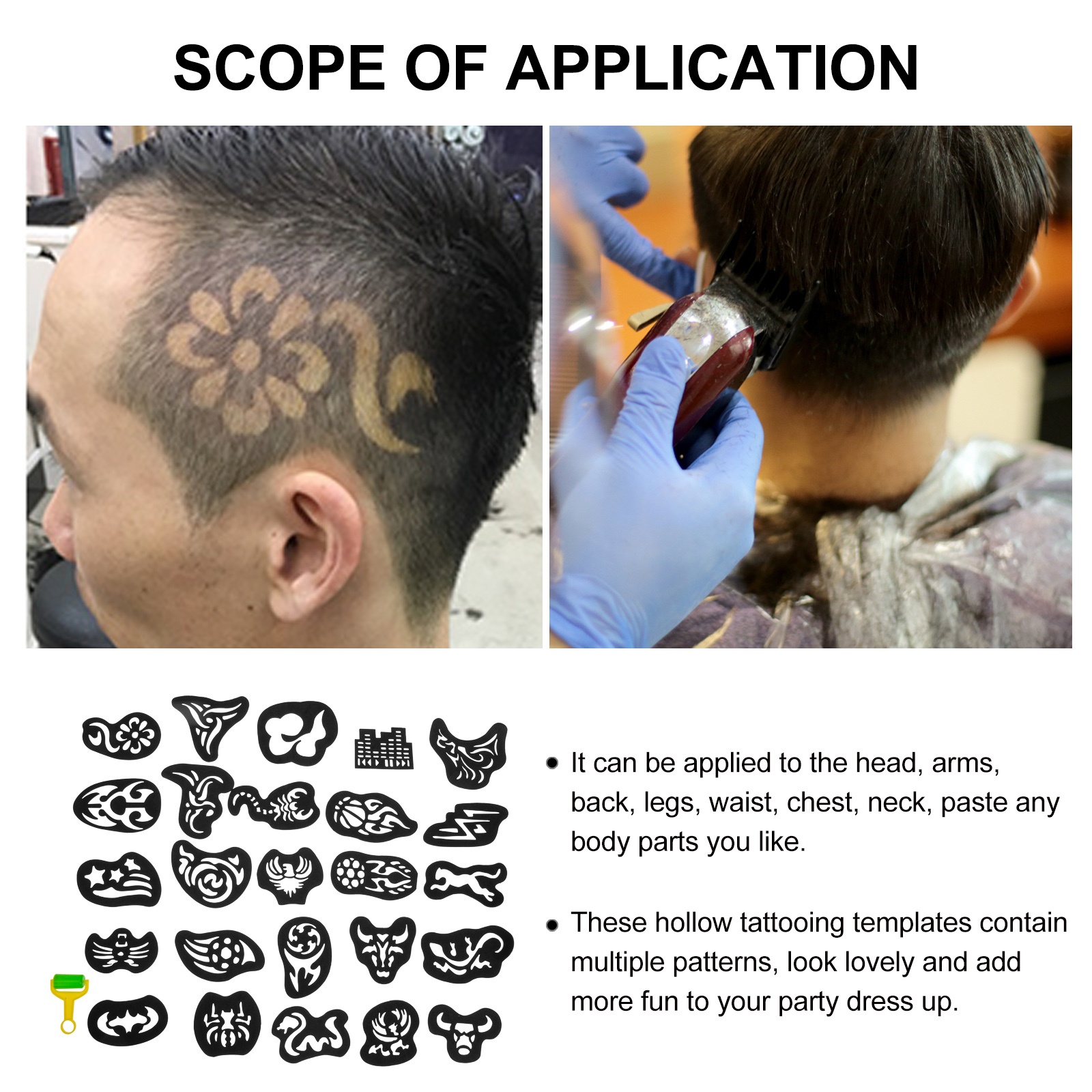 Pochoir de tatouage de cheveux, modèles creux, fournitures de coupe de cheveux, 25 feuilles