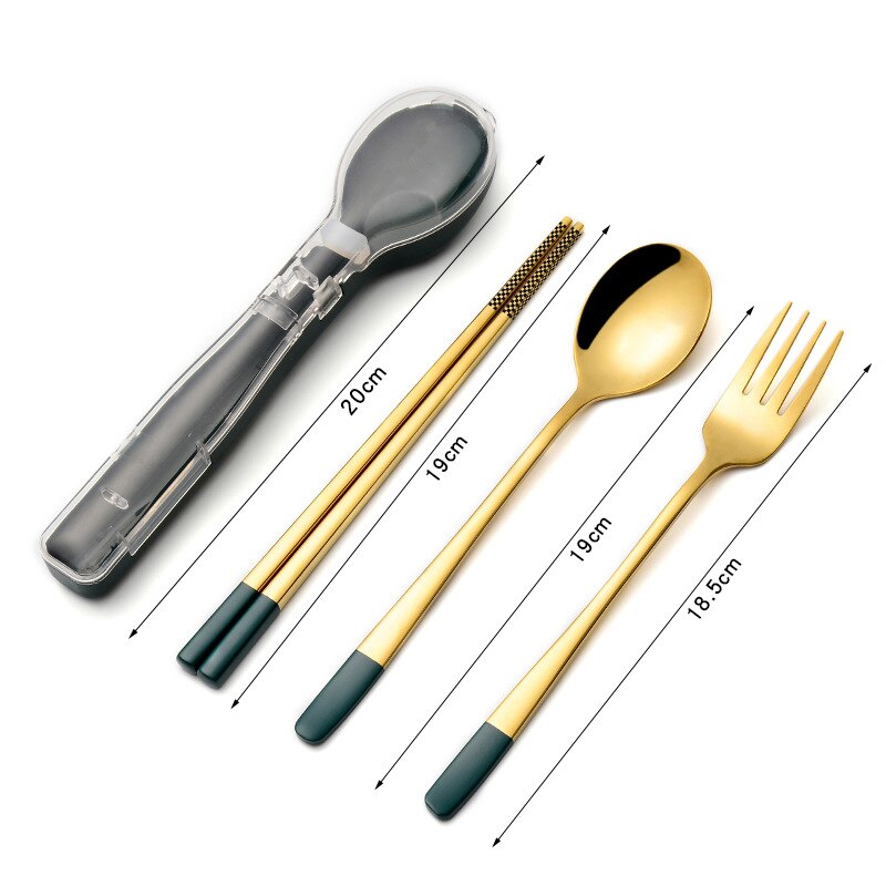 304 Stainless Steel Chopsticks Spoon fork Set Cutlery Set Flatware Set Tableware Soup Spoon Portable Cultery With Box: Blue gold-3PCS