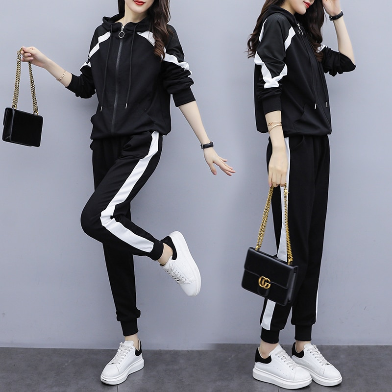 Plus size XL-5XL two piece set women Black Zipper coat top +Pants sports suit White stripe female tracksuit 2 piece outfits