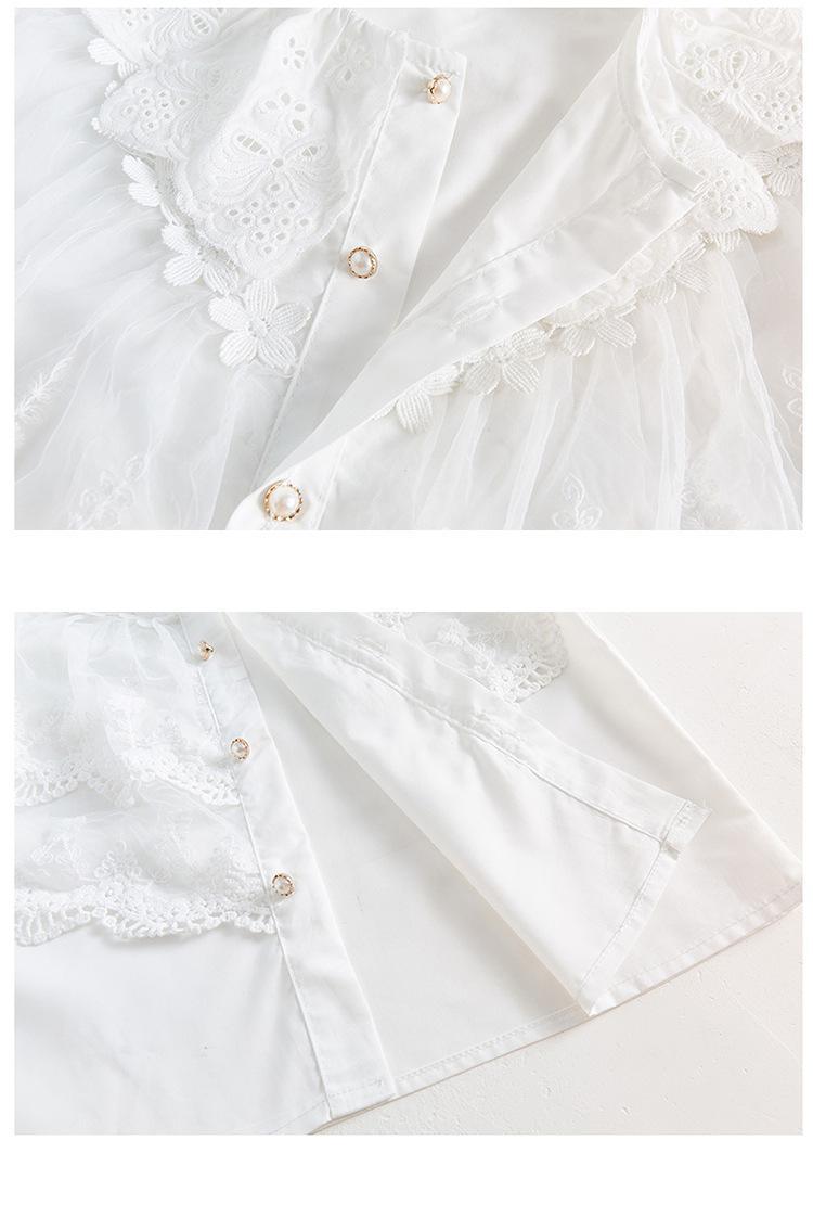 Camisa de encaje bordado para niña adolescente, Blusa de manga larga abombada de algodón con volantes para niña, blusas informales blancas para niño