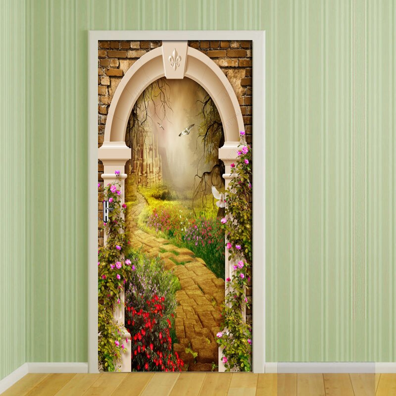 Retro Fantasy Castle Photo Wallpaper 3D Door Sticker PVC Waterproof Self-adhesive Wall Stickers Living Room Door Decor 3D Mural