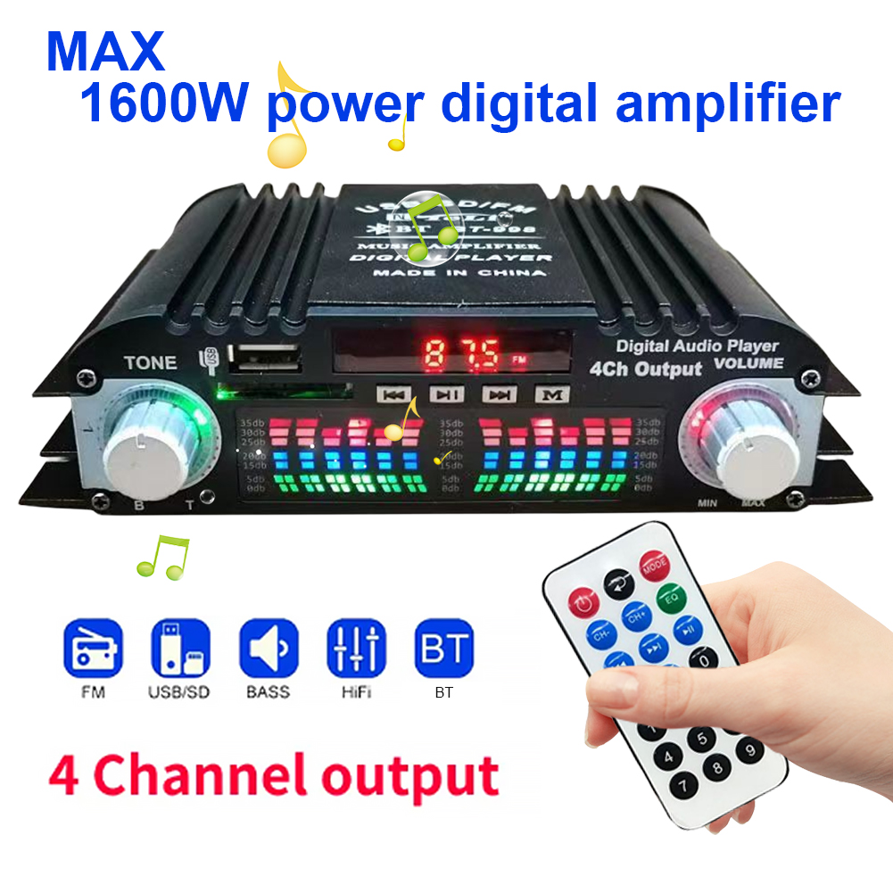 1600 W Spitzenleistung Digitaler 4-Kanal-Audioverstärker FM-Radio USB Bluetooth-kompatibel Mini HIFI Digitaler Stereoverstärker Fernbedienung
