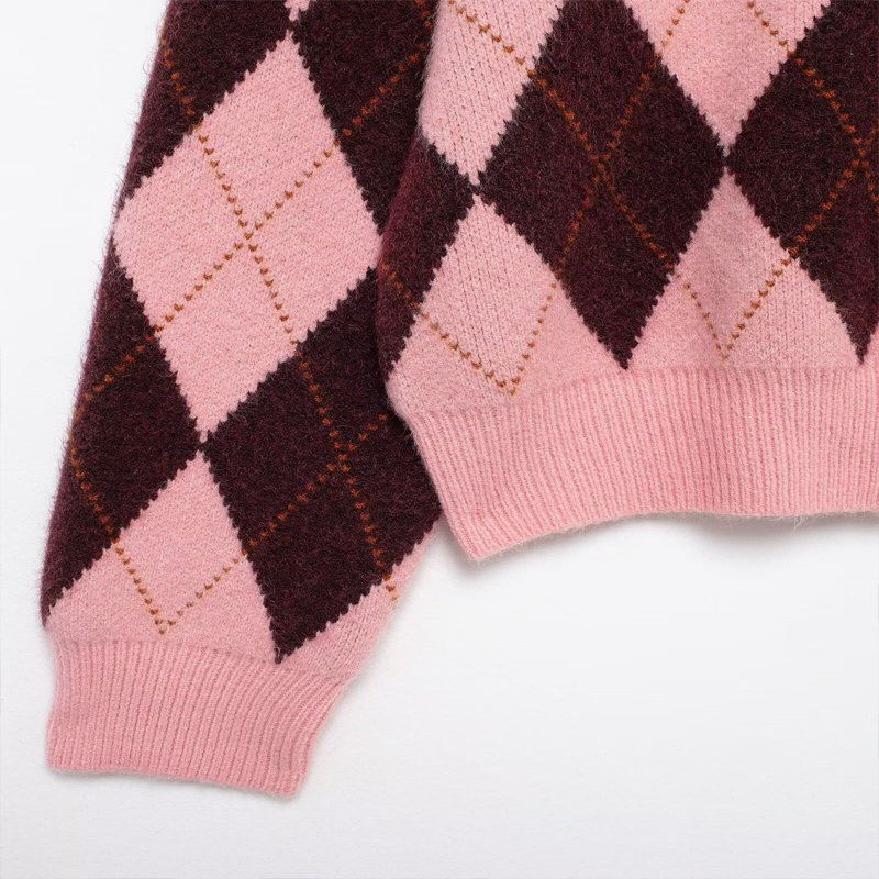 Koekop Giacca da donna chic da donna a maniche lunghe vintage con motivo a diamanti e girocollo alla moda