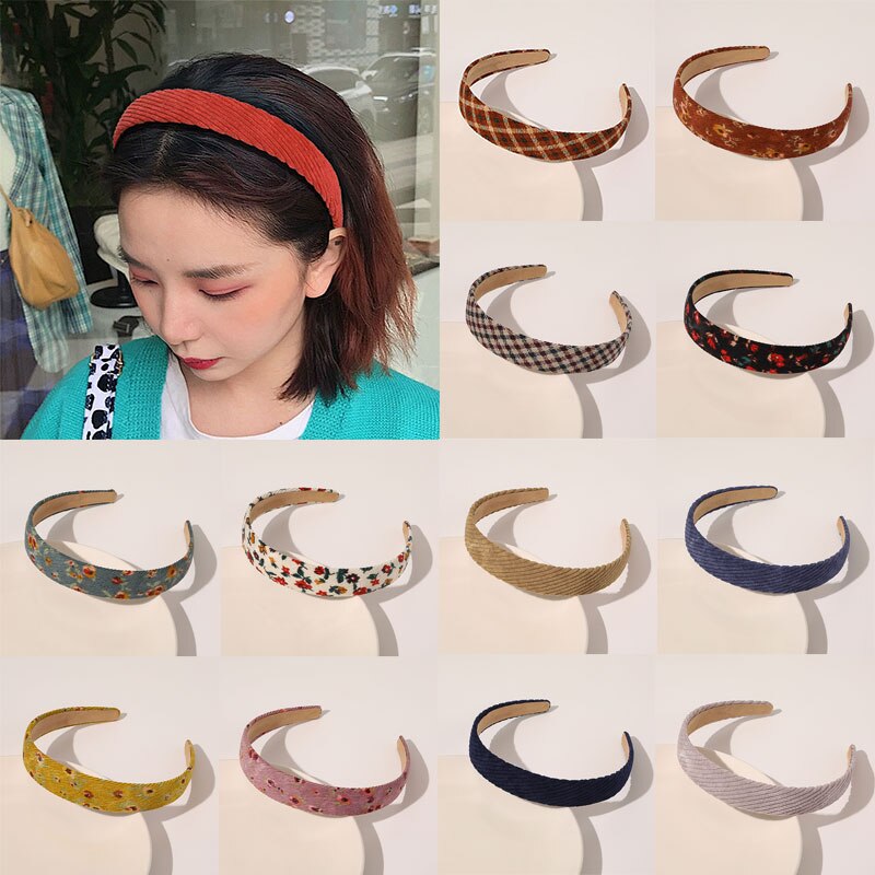1Pc Corduroy Vrouwen Hoofdband Plaid Gestreepte Bloemen Printing Brede Hoofdband Vintage Stretch Tulband Haarband Vrouwelijke Hoofd Hoepel