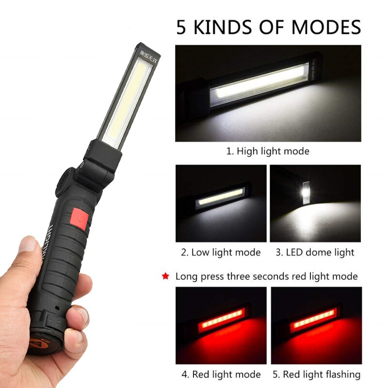 Led arbejdslys usb genopladelig cob led lommelygte magnetisk 5 modes ultra lys lommelygte vandtæt til bilreparation med magnet