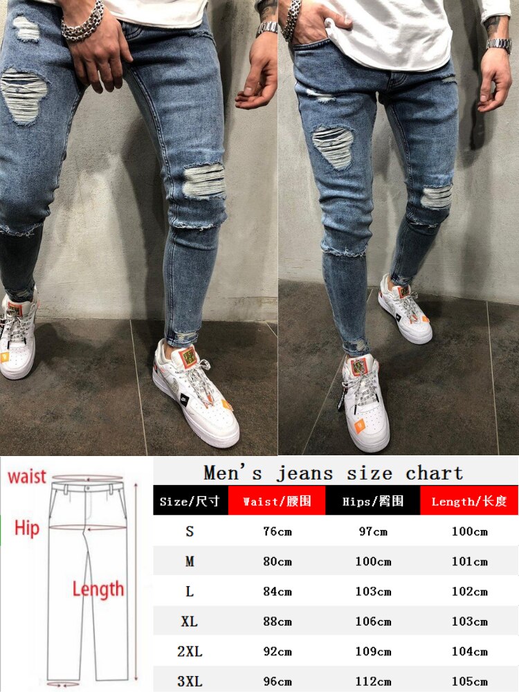 Ripped Skinny Jeans Mannen Blauw Potlood Broek Mannelijke Slanke Biker Denim Broek Gat Punk Casual Close-Fitting Broek