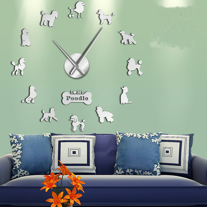 Modern Frameloze 3D Wandklok Sticker Hond Acryl Spiegel Effect Voor Indoor Kantoor Winkel Decoratie Diy Wandklok: Silver